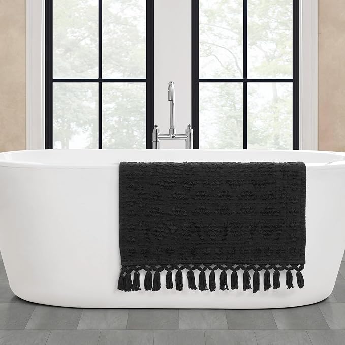 French Connection Nellore Bathroom Rugs, Woven and Beaded Mats, Durable Bath Rugs, Thick Bath Mats for Bathroom and Shower Rugs, 26" x 49", Black