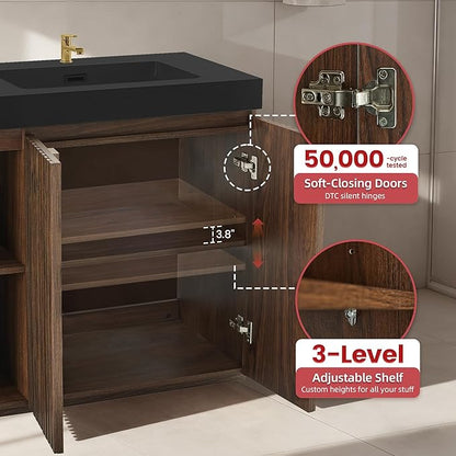 60" Bathroom Vanity with Double Sink, Freestanding Double Sink Bathroom Vanity with Black Engineered Stone Top, Open Storage Cabinet & Adjustable Shelf, 4 Soft-Closing Doors, Walnut