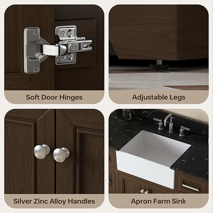 48 Inch Bathroom Vanity with Sink, Fully-Assembled Vanity with Quartz Countertop, Solid Wood Sink Cabinet with Soft Closing Doors & Dovetail Drawers, Single Sink Classic Bathroom Vanity, Dark Brown