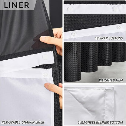 Furlinic Extra Long No Hook Waffle Weave Shower Curtain with Snap in Fabric Liner Set,Heavy Duty Bathroom Curtains with See Through Window,Machine Washable & Waterproof,Black,71x84 Inch
