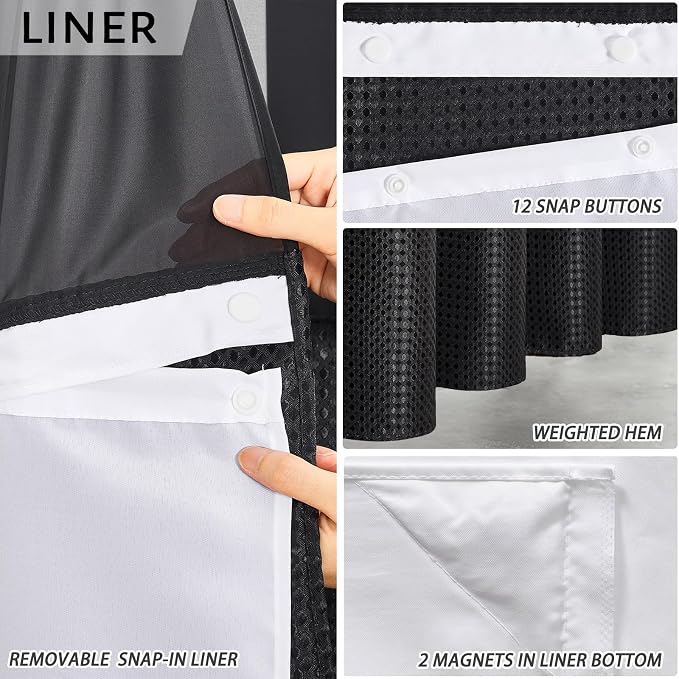 Furlinic No Hook Waffle Weave Shower Curtain with Snap in Liner Set,Heavy Duty Fabric Textured Bathroom Curtain with Sheer Window,Waterproof & Machine Washable,Black,Stall Size 54x80 Inch
