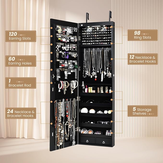 LDAILY Jewelry Armoire Wall or Door Mounted, Full-Length Mirror with Storage, Lockable Mirror Jewelry Cabinet w/ 2 Drawers, LED Lights, Over the Door Jewelry Organizer Box for Women Girls