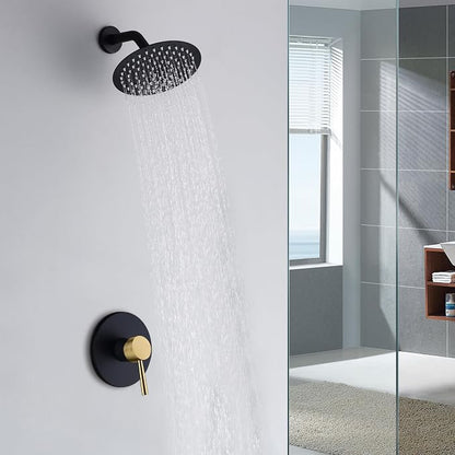 SUMERAIN Shower Faucet Set Black and Gold, 8" Stainless Steel Rain Shower | Single-Function, Single Handle, With Brass Rough-in Valve, Modern Design