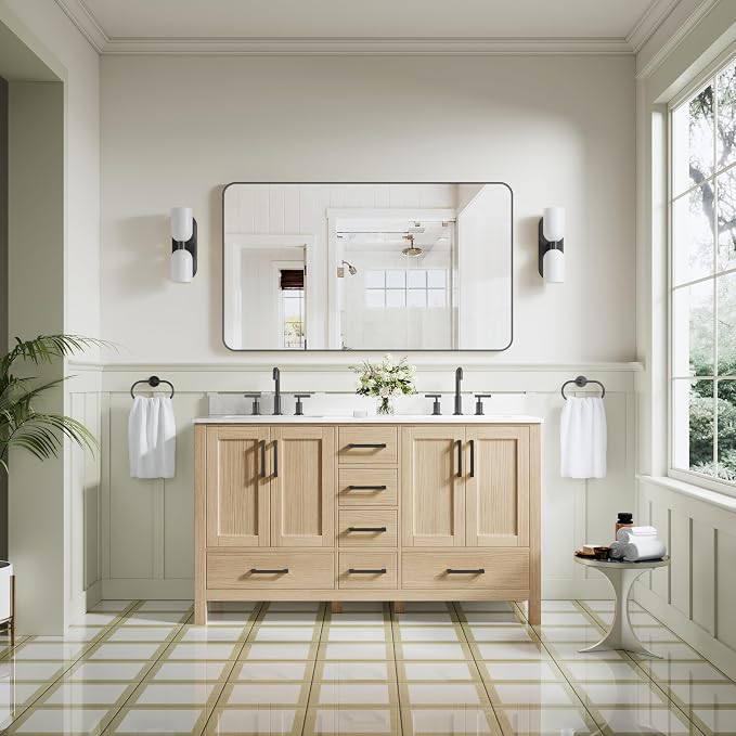 60-Inch Bathroom Vanity with Sink, 4 Soft-Close Doors and 6 Soft-Close Drawers, Bathroom Freestanding Vanity with Cultured Marble Countertop, Oak Vanity with Matte Black Handles