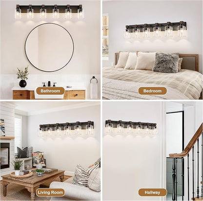 Farmhouse Black 6-Light Bathroom Vanity Light, Square Glass Shade | Vintage Rustic Design, Wood Grain Finish, Matte Black Metal, Wall Mount Over Mirror Lighting Fixtures for Bathroom Restroom