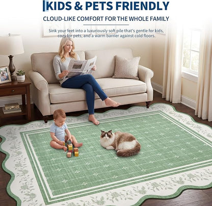 Garvee Large Area Rug Washable 10x13 Scalloped Floral Living Room Rug Green | Soft Non Slip Low Pile Indoor Carpet Stain Resistant Modern Bordered Accent Carpet for Bedroom Nursery Kids Room Office