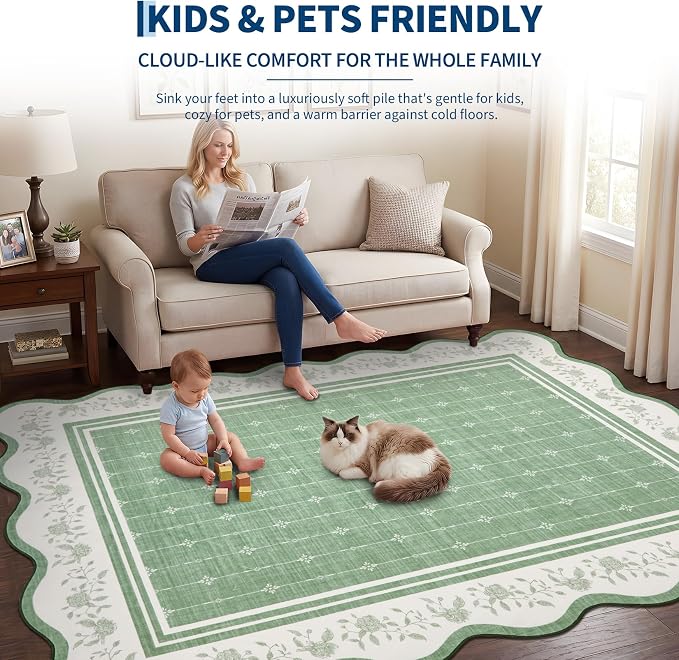 Garvee Washable Rugs for Living Room 8x10 Area Rugs Scalloped Rug Green | Modern Bordered Non Slip Large Kids Bedroom Carpet Indoor Stain Resistant Floor Cover for Bedroom Dining Room Office Nursery