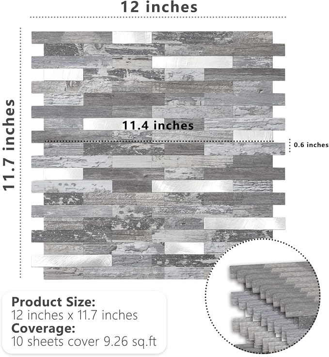 STICKGOO Peel and Stick Backsplash, PVC Wall Tiles Stick on Backsplash for Kitchen(1 Sheet, Distressed Wood with Metal Silver)