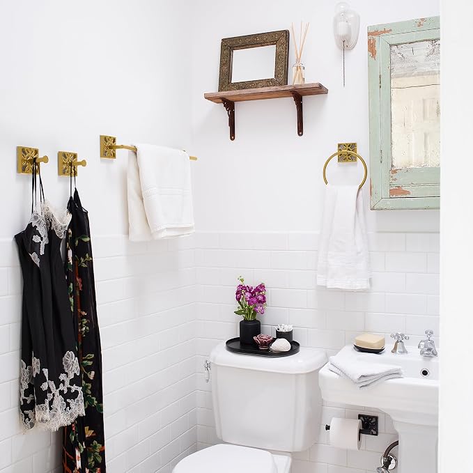 Autumn Alley 5-Piece Bathroom Hardware Set – Antique Gold (Muted, Brushed Finish – Not Shiny), Wall Mounted Towel Bar, Towel Ring, Toilet Paper Holder & Robe Hooks, Bathroom Accessories Set Complete