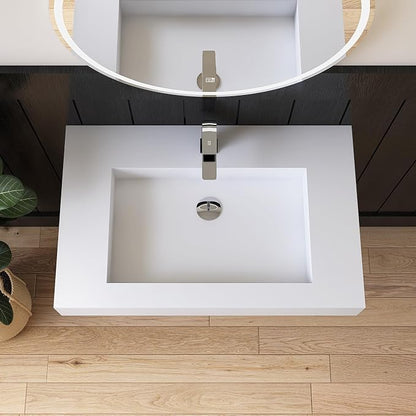 30 inch Wall Mount Floating Vanity with Sink | Bathroom Vessel Sink Rectangle Modern Stone Resin White Washing Sink Art Basin for Bathroom AFS140-750