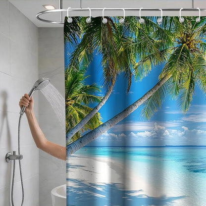 Beach Modern Ocean Shower Curtain Coastal Summer Tropical Palm Tree Trendy | Nature Shower Curtains for Bathroom, Waterproof Bath Curtain with Hooks Machine Washable Bathtub Curtains 36x72 Inch Blue