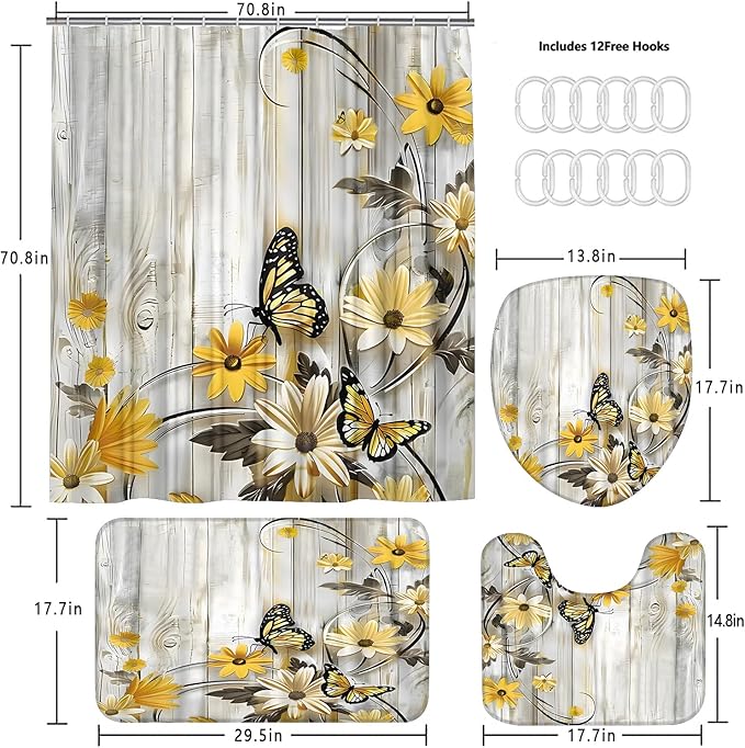 AZHM Yellow Daisy Floral Shower Curtain Set Butterfly Farmhouse Country for Bathroom Decor Set with Rugs Toilet Lid Cover and Bath Mat