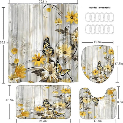 AZHM Yellow Daisy Floral Shower Curtain Set Butterfly Farmhouse Country for Bathroom Decor Set with Rugs Toilet Lid Cover and Bath Mat