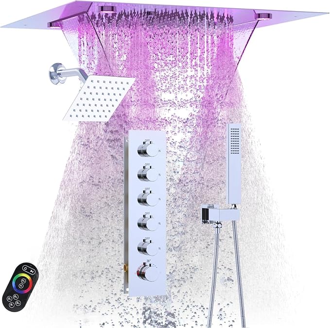 Enga Luxury Dual Shower Head System LED Thermostatic Shower System with 6 inch Wall Shower, 20-Inch 3 Function Shower Head (Rainfall & Mist & Waterfall), Chrome