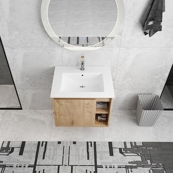 24 Inch Bathroom Vanity with Sink, Imitative Oak Modern Wall Mount Floating Vanity Set with Soft-Closing Door and Ceramic Basin, Contemporary Styling for Elegant Bathrooms