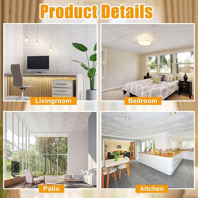 Nuanchu 60 Pcs Drop Ceiling Tiles 12x12 Inch, Glue up PVC Wall Panels,White | Cuttable, Paintable, DIY, Waterproof, 3D Decorative Ceiling Panels for Bathroom Kitchen TV Background Living Room