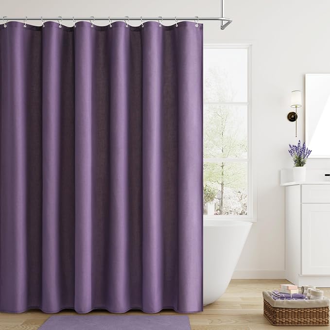 Purple Linen Shower Curtain, Country Boho Farmhouse Bath Decor Shower Curtains Neutral Cloth Weighted Textured Fabric Bath Curtain Liner with Hooks, 72x78