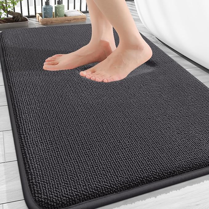 OLANLY Thick Memory Foam Bathroom Rugs 30x18, Absorbent Bath Mat, Dark Grey | Soft Quick Dry Bath Rugs, Non-Slip, Machine Washable Carpet for Bathroom Floor, Tub and Shower, Home Decor Accessories