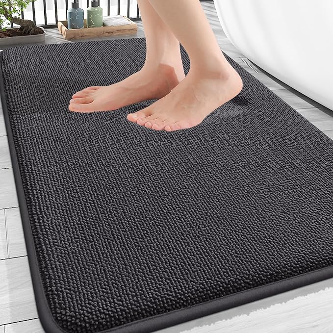 OLANLY Thick Memory Foam Bathroom Rugs 34x21, Absorbent Bath Mat, Dark Grey | Soft Quick Dry Bath Rugs, Non-Slip, Machine Washable Carpet for Bathroom Floor, Tub and Shower, Home Decor Accessories