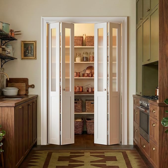 SMARTSTANDARD 48" x 80" Reeded Glass Bifold Closet Doors, Preassembled, MDF | Water-Proof PVC Surface, Half Tempered Glass with Hardware Kit, White Interior Slab for Kitchen, Closet, Pantry, White