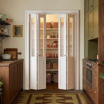 SMARTSTANDARD 48" x 80" Reeded Glass Bifold Closet Doors, Preassembled, MDF | Water-Proof PVC Surface, Half Tempered Glass with Hardware Kit, White Interior Slab for Kitchen, Closet, Pantry, White