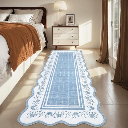 Garvee 2x6 Runner Rug Scalloped Kitchen Runner Rug Entryway Runners Blue | Washable Non Slip Modern Bordered Foldable Thin Accent Carpet Low Pile Soft Nursery Rugs for Hallway Bathroom Bedside Laundry