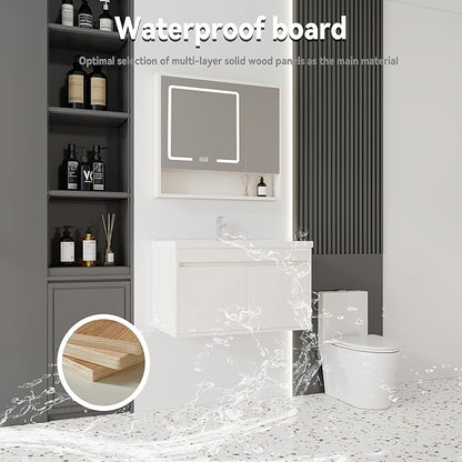 32'' Bathroom Vanity with Ceramic Sink Combo and Medicine Cabinet Mirror with Led Light/Defog, Wall Mounted Small Bathroom Vanity with Soft-Close Door Modern Floating Cabinet, Khaki(No Faucet)