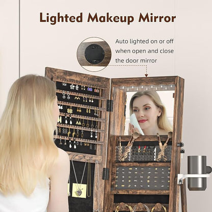360° Swivel Jewelry Cabinet Standing Full-Length Jewelry Armoire | with Lights Standing Jewelry Armoire Organizer Foldable Makeup Shelf, Coffee