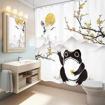 LGhtyro Funny Frog Shower Curtain Bathroom Set 71Wx71H Inches Asian Style Traditional Landscape Scenery Japanese Golden Plum Blossom Sun Bath Accessories Mountain Art Home Decor Fabric 12 Pack Hooks