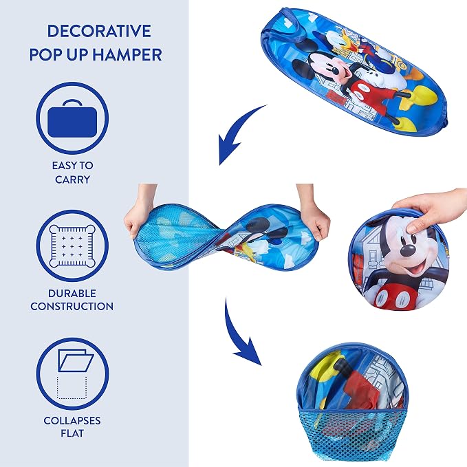 Mickey Mouse Pop Up Laundry Hamper with Durable Carry Handles,Blue Kids Clothes Storage, 21" H x 13.5" W x 13.5" L