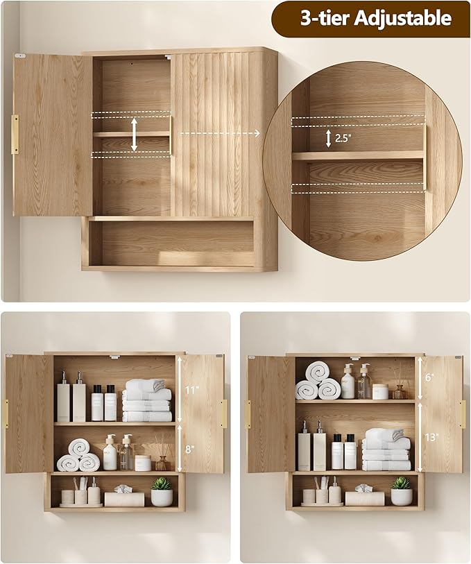 27.6" H Natural Bathroom Wall Cabinet with 2 Fluted Doors, Modern Medicine Cabinet with Adjustable Shelf, Curved Profile Wall Mounted Bathroom Cabinet for Kitchen, Living Room, Oak