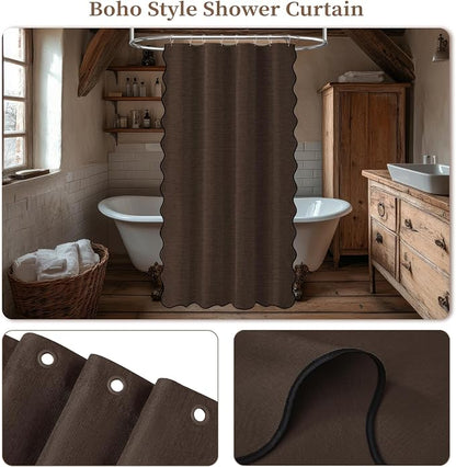 BTTN 48x72 Boho Scalloped Linen Textured Cloth Shower Curtain Set, Brown | Stall Size, 230GSM Waterproof Polyester, Heavy Duty Fabric, 8 Plastic Hooks, Elegant Modern Farmhouse Style, Machine Washable