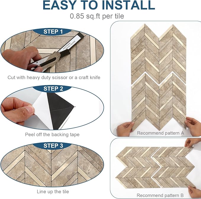 Yipscazo 10-Sheet Herringbone Backsplash Peel and Stick Tile, Beige Stone Mixed Metal Gold PVC Stick on Backsplash for Kitchen, Waterproof Self Adhesive Wall Tile for Bathroom
