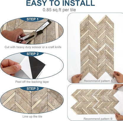 Yipscazo 10-Sheet Herringbone Backsplash Peel and Stick Tile, Beige Stone Mixed Metal Gold PVC Stick on Backsplash for Kitchen, Waterproof Self Adhesive Wall Tile for Bathroom
