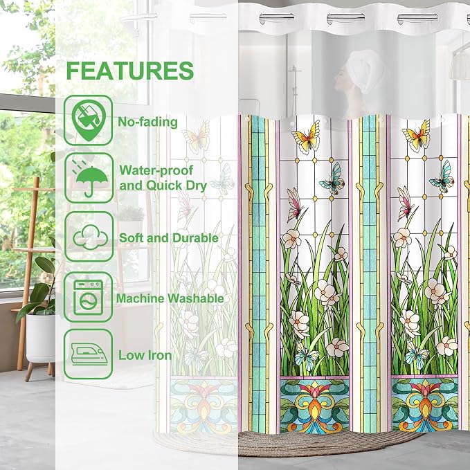 No Hook Shower Curtain Snap in Liner with 2 Replaceable Curtain Panels Pattern Waterproof Fabric Washable Shower Curtain Set for Bathroom Bathtub, Hotel Style with See Through Mesh Top Window 71 x 74"