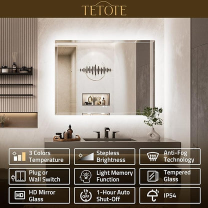 42 x 36 LED Mirror Backlit, Beveled Bathroom Mirror with Backlight, Tempered Glass, 3 Colors Lights, Defogger, Adjustable Brightness, Memory Function, Lighted Mirrors for Bathroom Wall