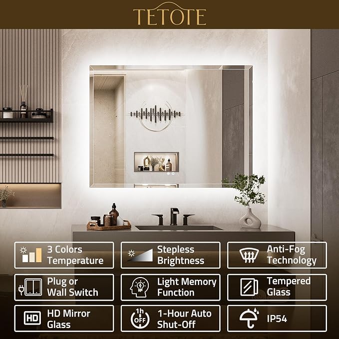 55 x 36 Backlit Bathroom Mirror, Frameless LED Mirror for Bathroom, Tempered Glass, 3 Colors Lights, Defogging, Adjustable Brightness, Smart Bathroom Mirror, Lighted Mirrors for Bathroom Wall