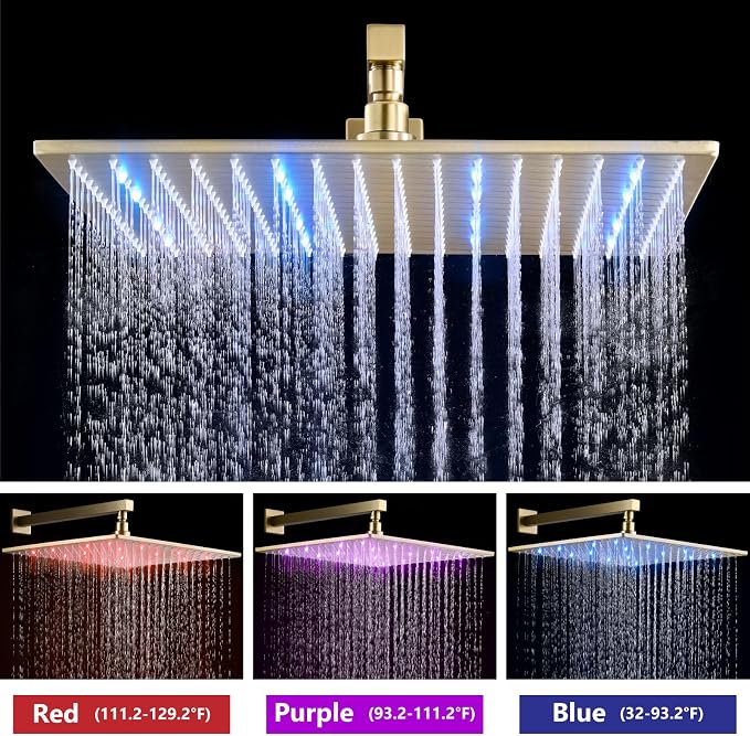 Aolemi Shower Faucet Set with Valve Handheld 16" LED Head Brushed Gold | Handheld Spray,16 Inch Rain LED Head,Valve and Trim Kit,All Metal,Wall Mount Shower System,Bathroom Mixer