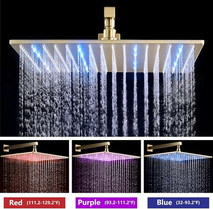 Aolemi Shower Faucet Set with Valve Handheld 16" LED Head Brushed Gold | Handheld Spray,16 Inch Rain LED Head,Valve and Trim Kit,All Metal,Wall Mount Shower System,Bathroom Mixer