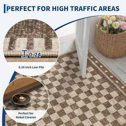 Garvee Washable Runner Rug 2x6 Checkered Non Slip Kitchen Rugs, Brown | Brown Entryway Rug Farmhouse Soft Bathroom Rugs Low Pile Stain Resistant Carpet for Hallway Laundry Bedroom 2'x6' Brown