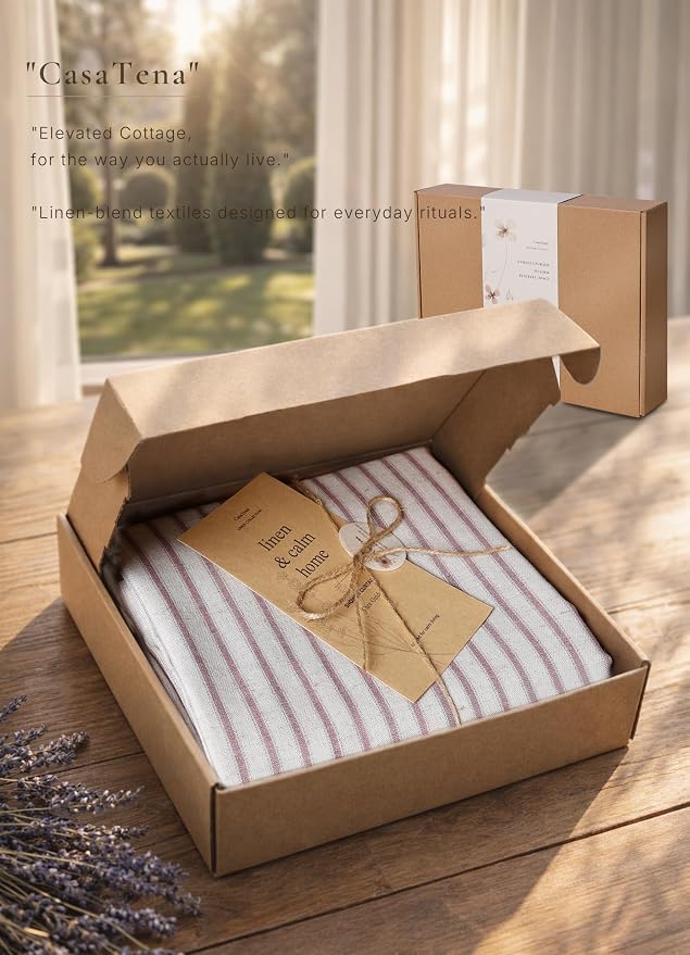 Farmhouse Striped Shower Curtain - Extra Long 72x84 Inches, Linen Blend Fabric, Breathable & Machine Washable, Rustic Rust for Bathroom Decor (Hooks/Liner Not Included)