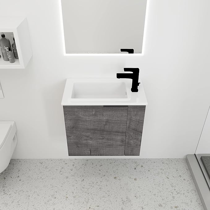 Henf Wall Mount 22 Inch Bathroom Vanity W/Sink Combo for Small Space, Modern Design Vanity Cabinet Gel Basin Countertop, Float Mounting Design Cabinet Set with Soft Close Doors, Gray (Without Faucet)