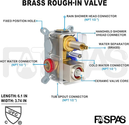 Shower System with Tub Spout, 10-Inch High-Pressure Rain Showerhead and Handheld Combo, Brushed Nickel Shower Faucet Set with Rough-in Valve and Trim Kit, Wall Mounted All-Metal Shower Set