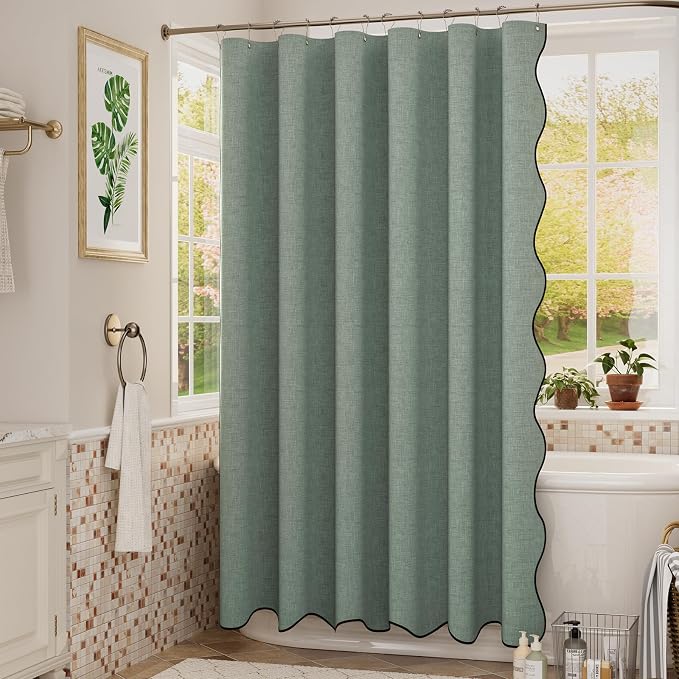 Bathway Modern Scalloped Shower Curtain, Linen Textured Green Shower Curtain Set with 12 Metal Hooks, Neutral Cute Elegant Shower Curtain with Black Border for Bathroom, 72x72 Inches