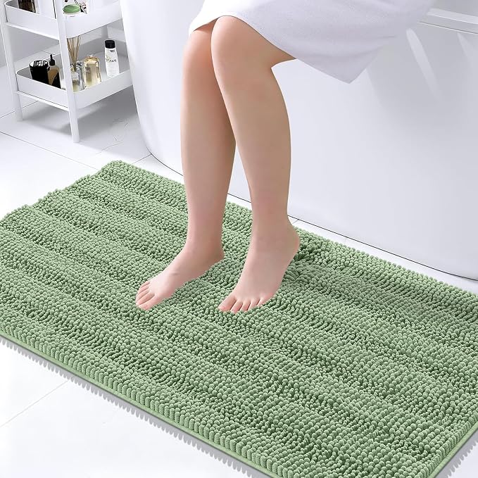 OLANLY Thick Large Bathroom Rugs 45x27, Chenille Bath Rugs, Sage Green | Absorbent Striped, Rubber Backing, Machine Wash Dry, Bath Mats for Bathroom Floor, Tub and Shower, Home Decor Accessories