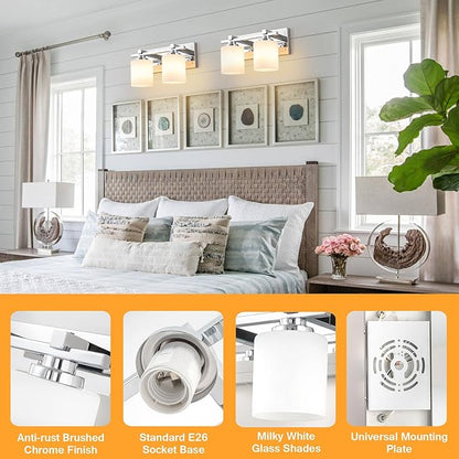 2 Light Modern Bathroom Light Fixtures Over Mirror, Chrome Vanity Lights for Bathroom Wall Sconces with Milky White Glass Shades, E26 Socket (Bulbs Not Included)