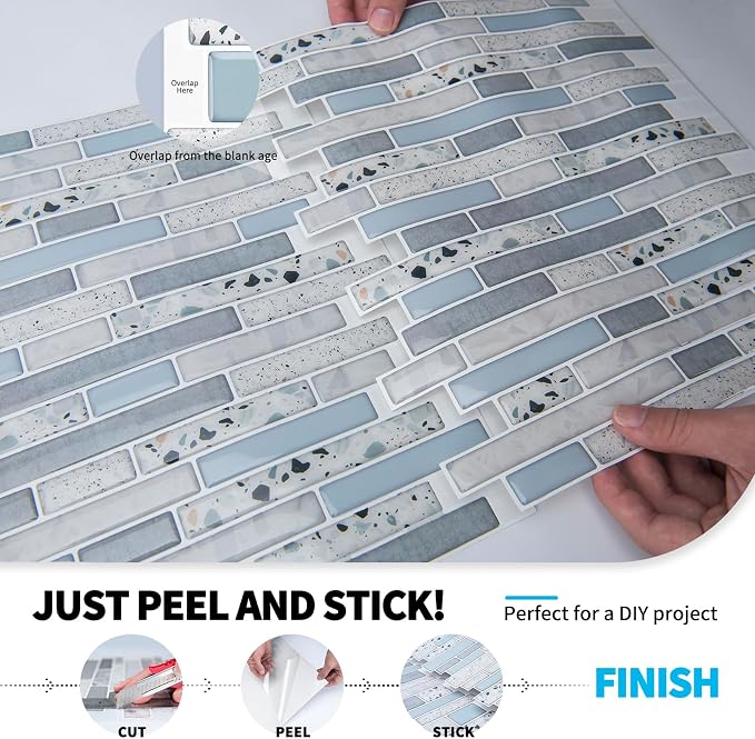 Art3d Peel and Stick Stone Wall Tile, 11.8 x 11.8 in, 10-Sheet, Light Blue | Moisture Resistant, Strong Adhesive, Sturdy, Cleanable, Easy to Install, for Kitchen, Laundry Room, Ideal for New Home Buyers