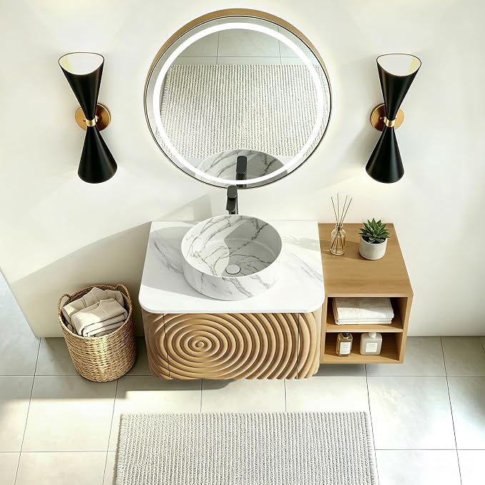 36 Inch Modern Bathroom Vanity with Ceramic Sink, Floating Bathroom Sink Cabinet with Sintered Stone Top&Solid Wood Hammered Frame, Single Bathroom Vanities w/Soft-Close Drawer&Side Open Cube