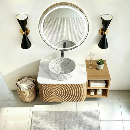 36" Floating Bathroom Vanity with Sink, Mid-Century Wall Mounted Bathroom Vanity Cabinet with Wood Waved Decor,Marble Ceramic Basin and Sintered Stone Top, Soft Close Drawer, Side Open Cube