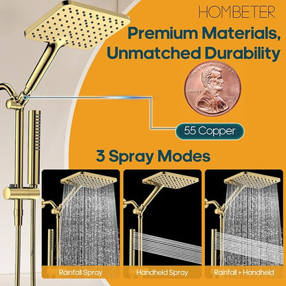 Filtered Shower Head with Handheld Spray Combo High Pressure Rain Shower Head Dual Shower Head with Filters - Removes Chlorine Height Adjustable & Built-in Power Wash (Gold)